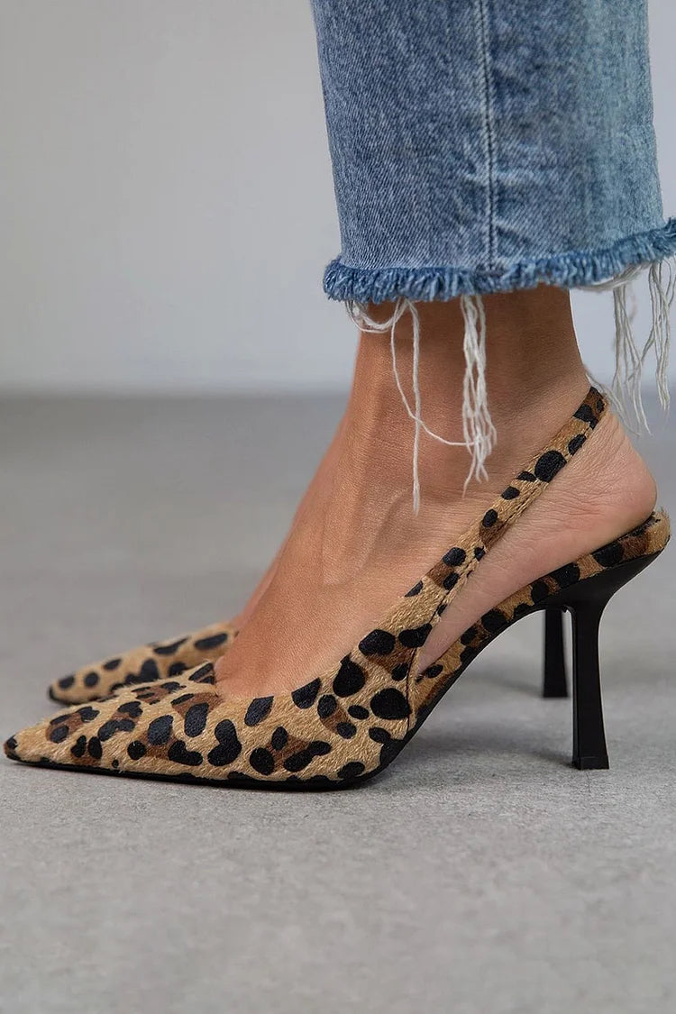 Maria | Khaki Stiletto Heels with Pointed Toe and Leopard Print Slingback