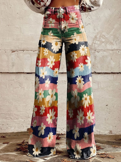 Lily™ - Retro Colorful Striped Floral Wide Leg Trousers