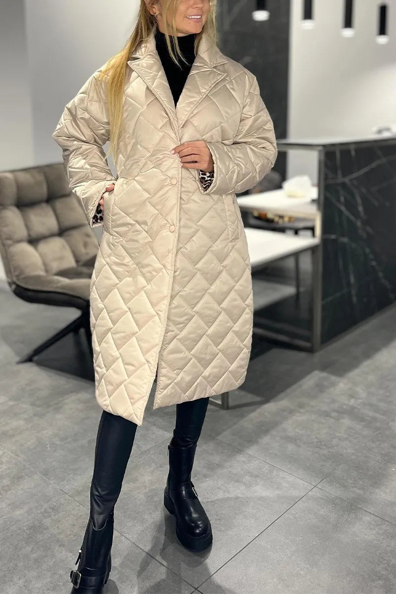 Maria | Long Quilted Coat with Subtle Leopard Lining