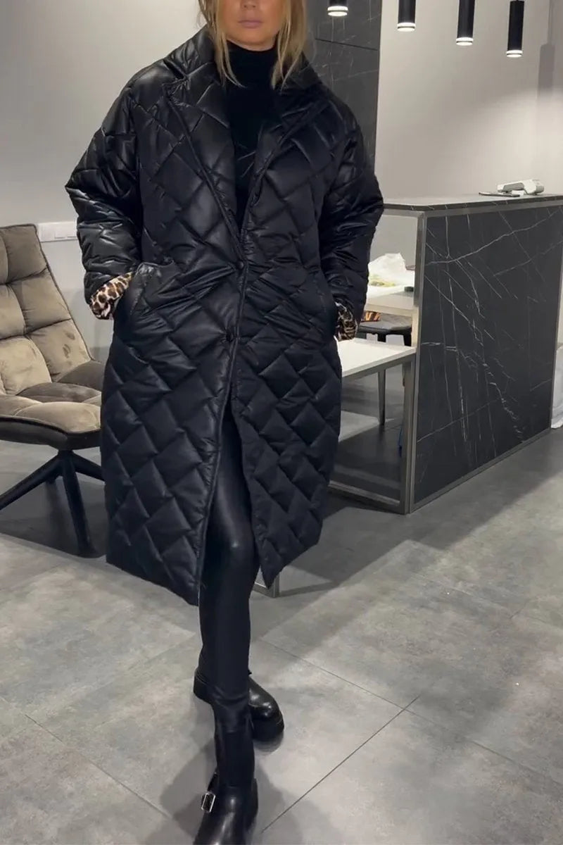 Maria | Long Quilted Coat with Subtle Leopard Lining