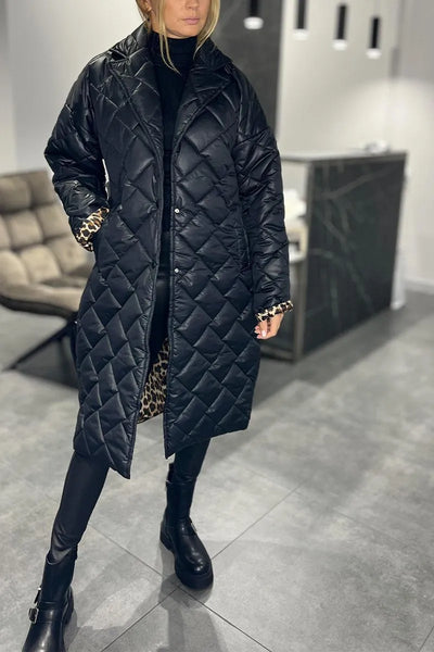 Maria | Long Quilted Coat with Subtle Leopard Lining
